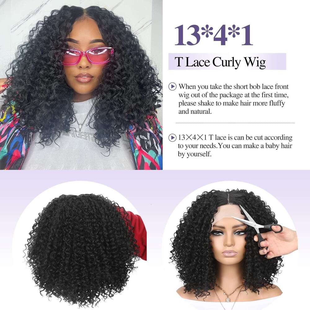 WIGER 15 inch Short Bob Lace Front 13X4X1 T Middle Part Afro Kinky Wigs Natural Synthetic Curly Wig For Black Women