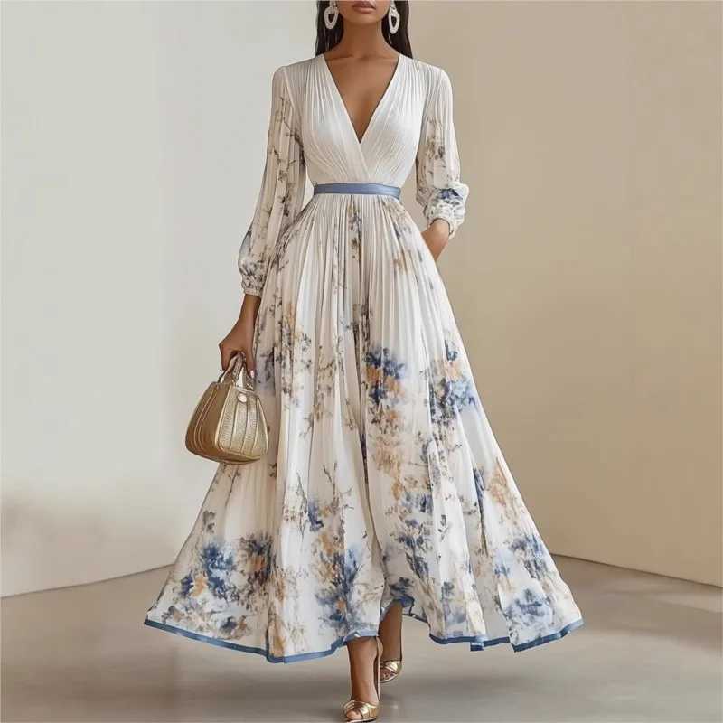 Fashion floral print patch work Bohemian dress womens sexy deep V-neck hollow long dress New Years loose long dress W250430