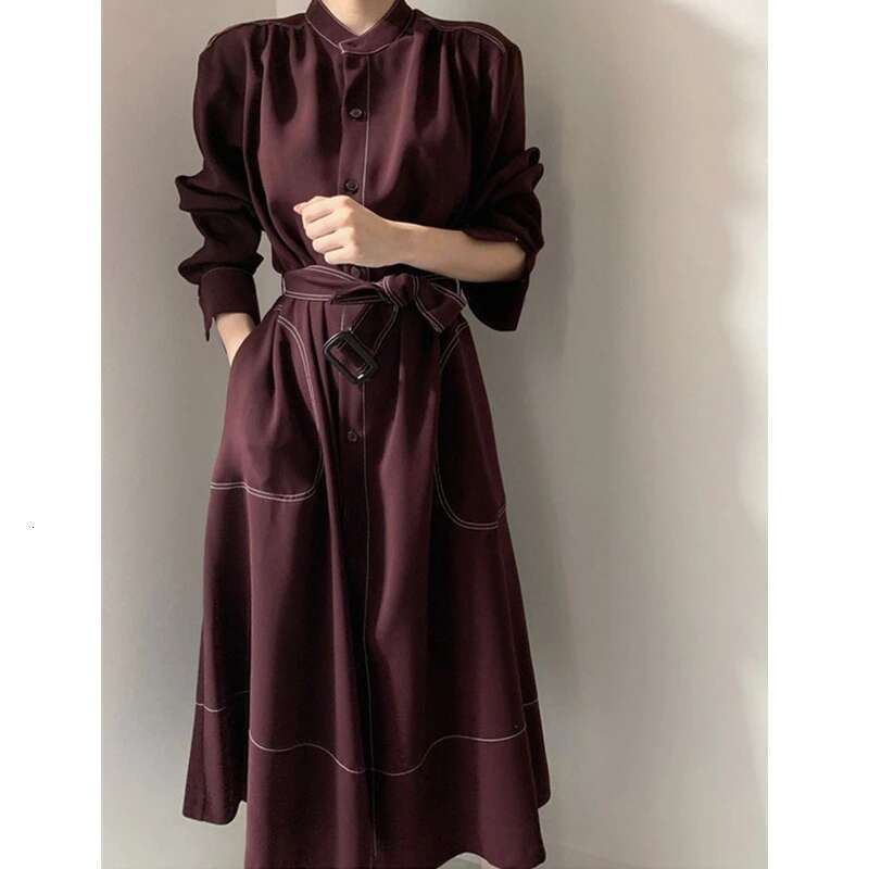 REALEFT Spring Autumn Single Breasted Women's Shirt Dresses Sashes 2024 New Stand Collar Korean Casual Straight Dress Female
