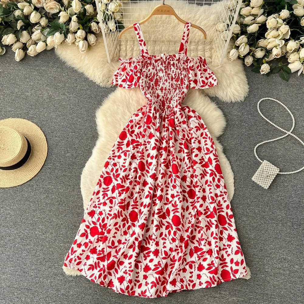 YoooMuoo Fashion Printed Long Summer Dress Womens Vacation Style A-line Shoulder Beach Dress Korean Party Tank Top W250430