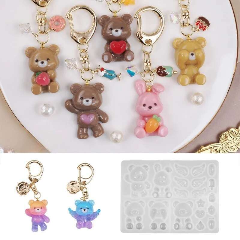 Bear Rabbit Animal Keychain Pendant Silicone DIY Crystal Sugar Chocolate Baking Decoration Epoxy Resin Mold Home Handicraft