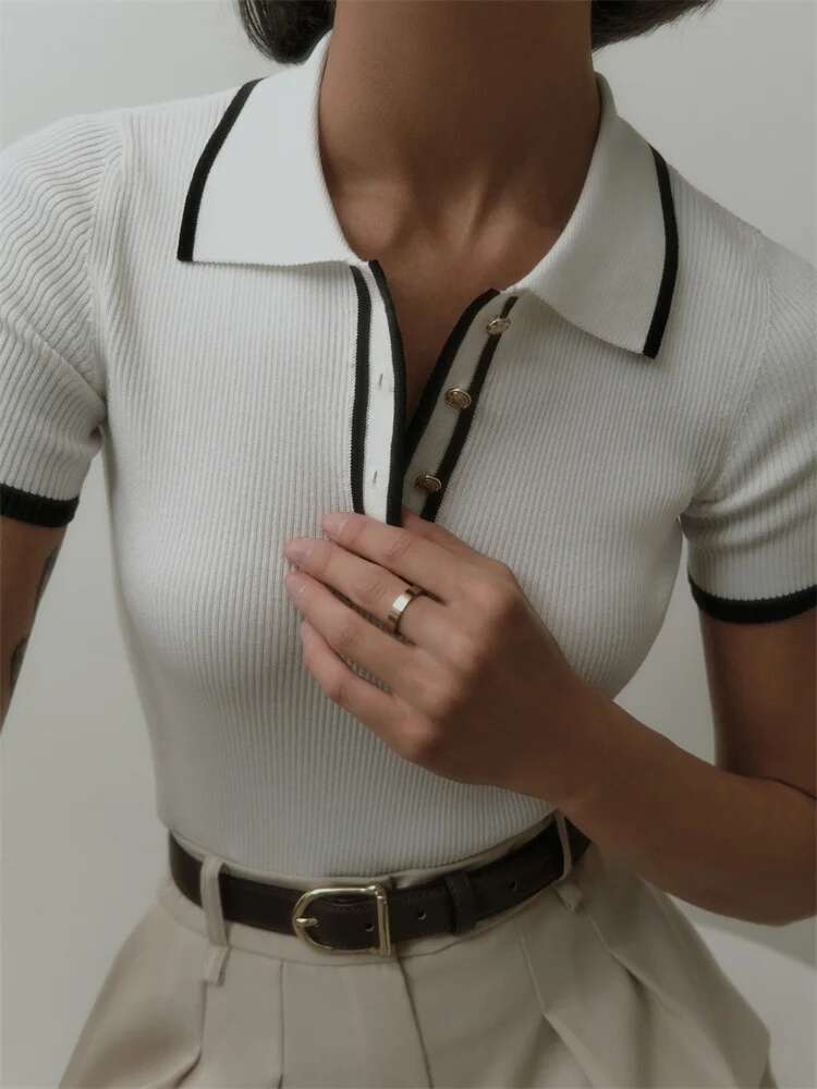 Knit Sweater Women Short Sleeve Patchwork Slim Lapel Elegant Contrast Knitwear Top Female Skinny Ribbed Pullover fashion clothing women