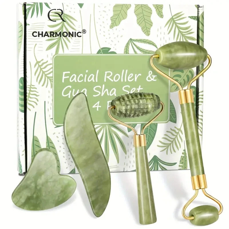 4pcs Jade Roller Gua Sha Facial Roller Massager With Gua Sha Scraping Tool Jade Stone Massager For Face And Neck - Mothers 250424