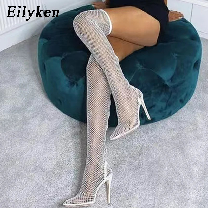 Eilyken n Crystal Rhinestone Mesh Stretch Fabric Sexy High Heels Sock Over-the-Knee Boots PVC Transparent Pointed Toe Shoes 250428