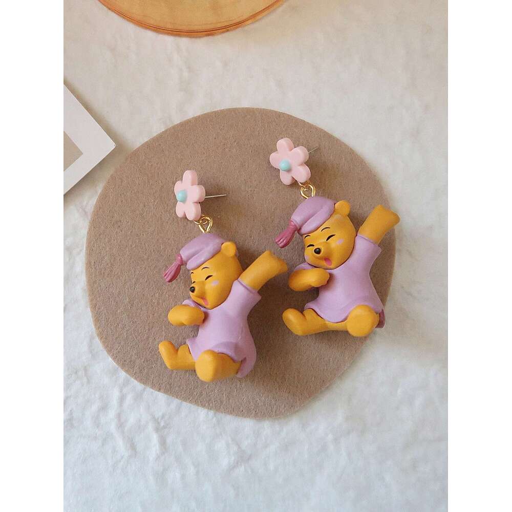 New Fashionable Cartoon Cute Pink Pamas With Teddy Bear Earrings, Suitable For Daily Wear, Gatherings, Music Festivals
