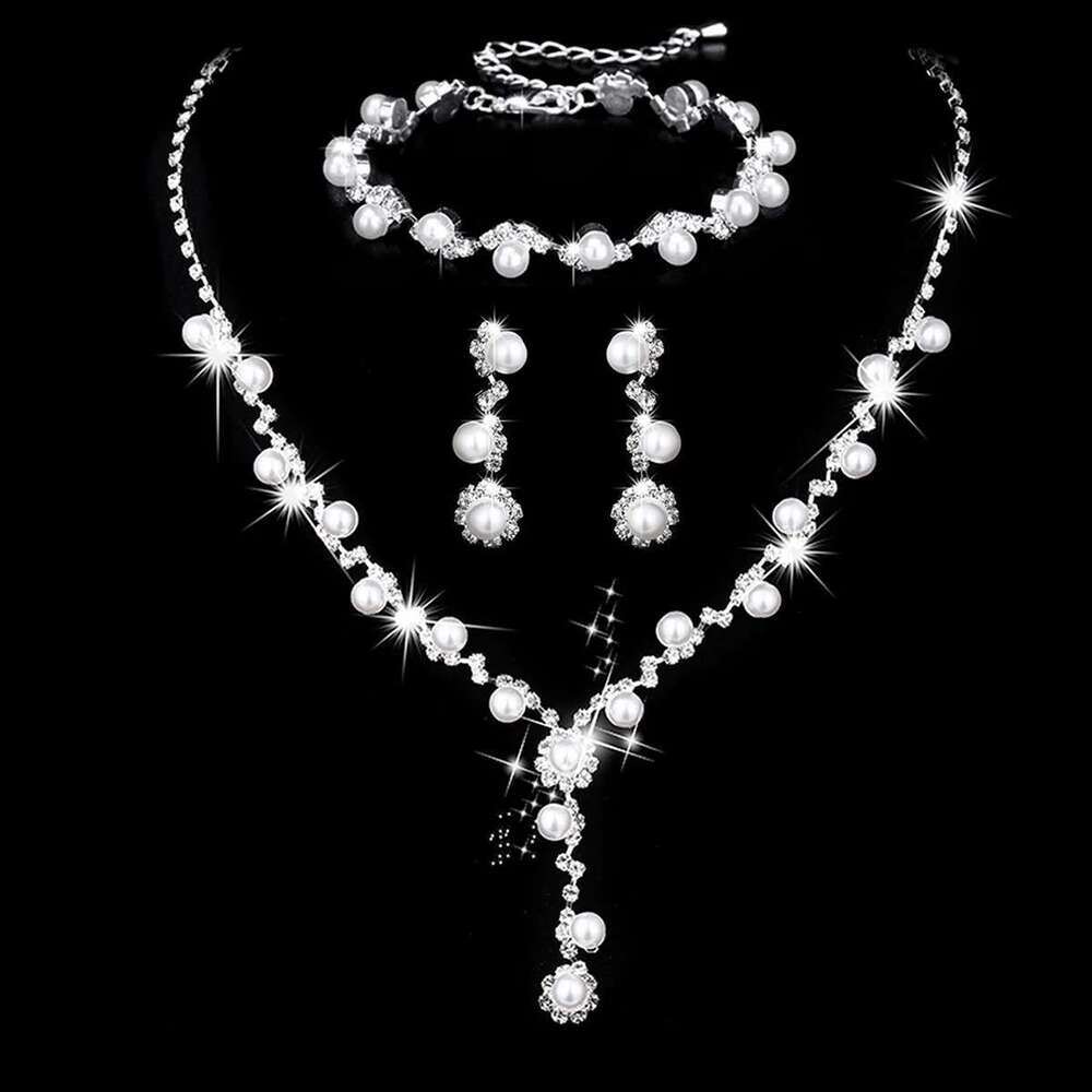 4 Pcs Bridal Jewelry Set, Rhinestone Pearl Necklace, Earrings, Bracelets, Dinner Dress Accessories