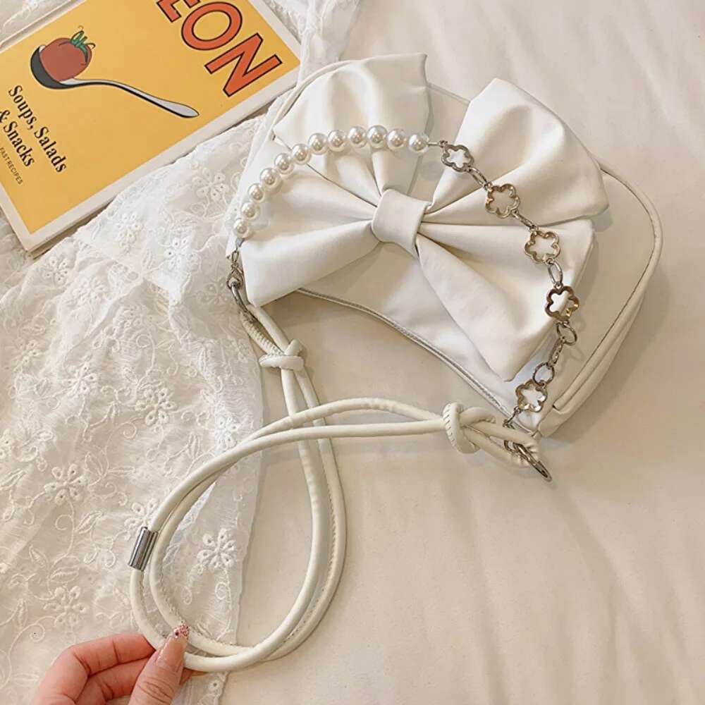 Trendy Pearl Bow Shoulder Underarm Daily Commuting Casual Handbag Solid Business Women S Bag Bag