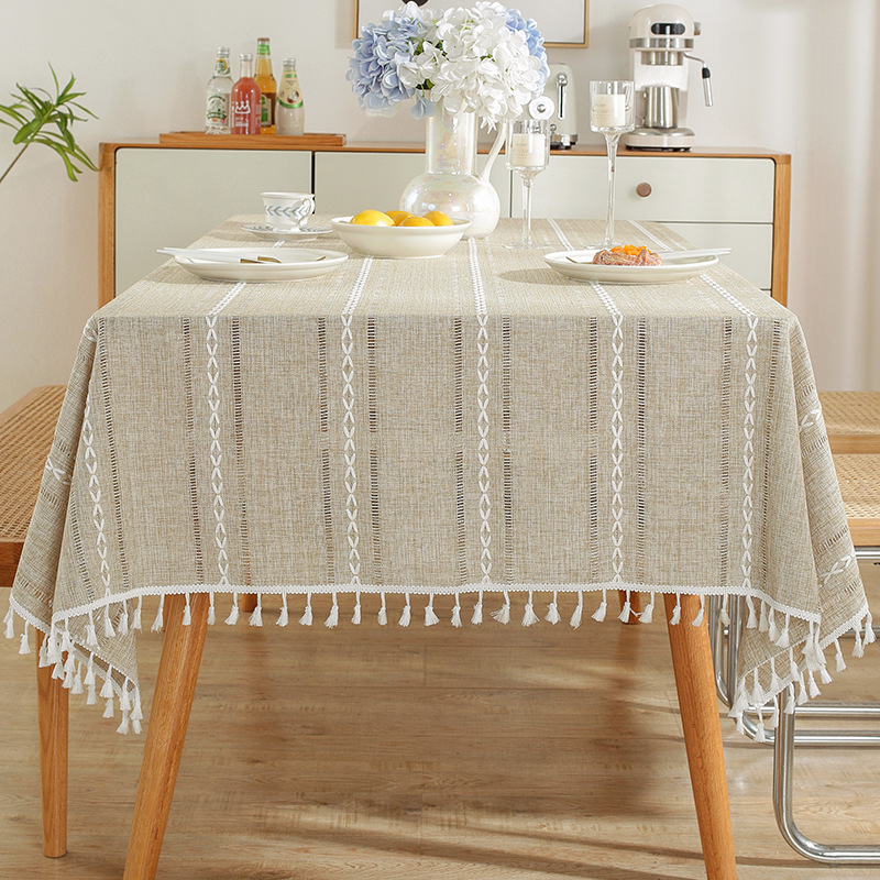 W03 Nordic tablecloth hollow tassel tablecloth solid color long striped jacquard tablecloth coffee table mat cotton and linen