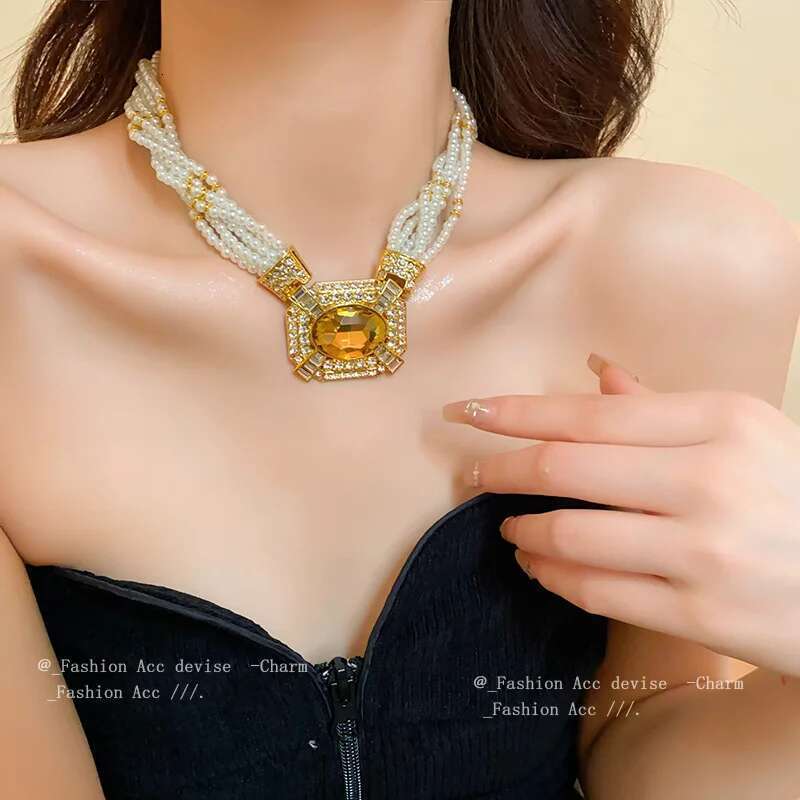 Square Rhinestone Pearl Pendant Necklaces Occidental Heavy Industry Court Style Niche Temperament Collarbone Chains Jewelry Sets