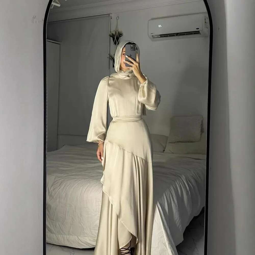2025 New Fashion Muslim Women's Satin Solid Color Gown With Lace Hem And Belt Large Swing Cross-Border Fashionable Elegant Dress