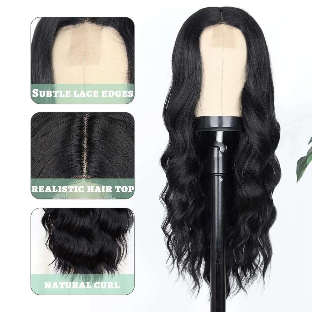 Long Wavy Wigs Women Curly with Middle Part Synthetic 26 Inch Natural Looking Black Wig for Daily Party Use