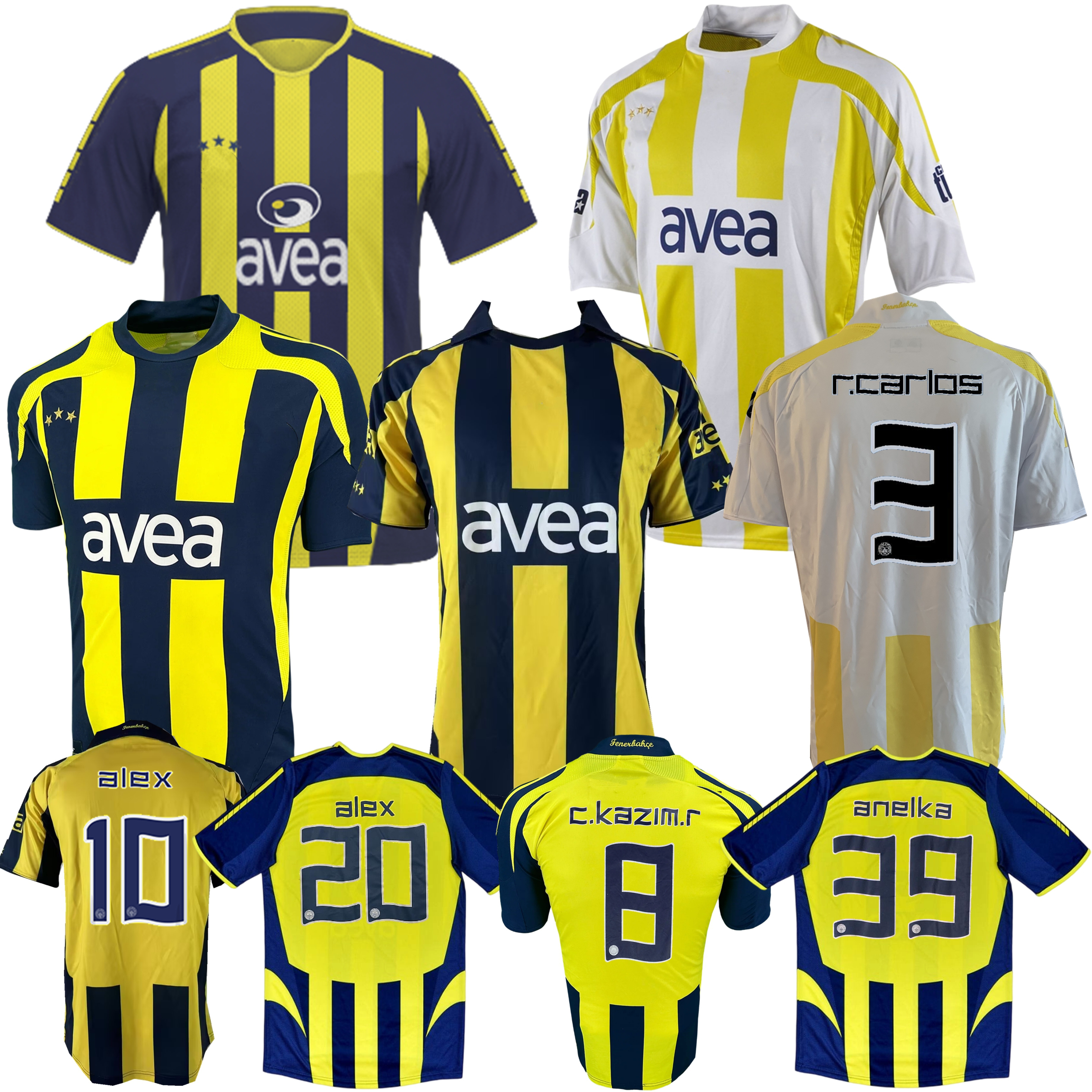 2007 2008 2009 Fenerbahce Retro Football Jersey 2005 2006 Season Home Kit with Names of Roberto Carlos, Kezman Alex Kazim Anelka
