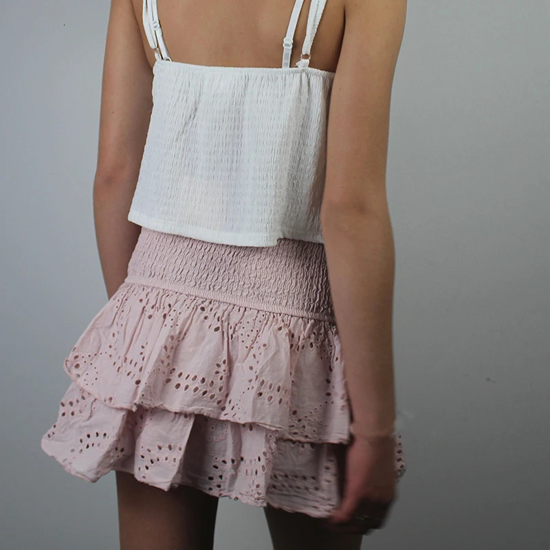 Women Y2K Ruffle Layered Hollow Mini Skirts Smocked A Line Pleated Short Skirts Teen s Boho Beach Kawaii Mini Skirts 250428