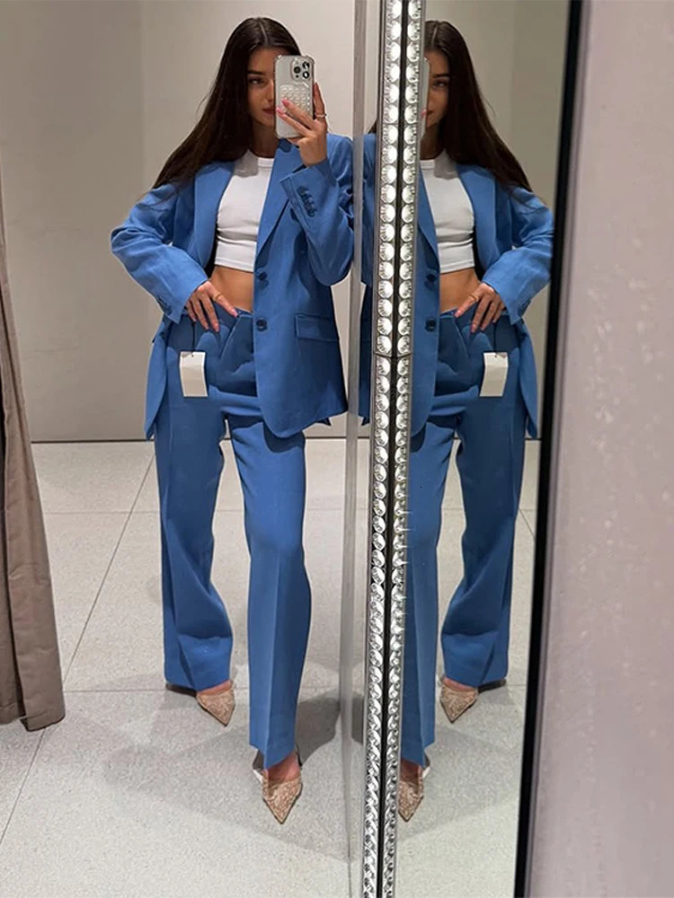 Elegant Blue Womens Sports Jacket Set Solid Collar Button Pocket Coat Wide Zipper Pants SpringSummer Urban Clothing 250530