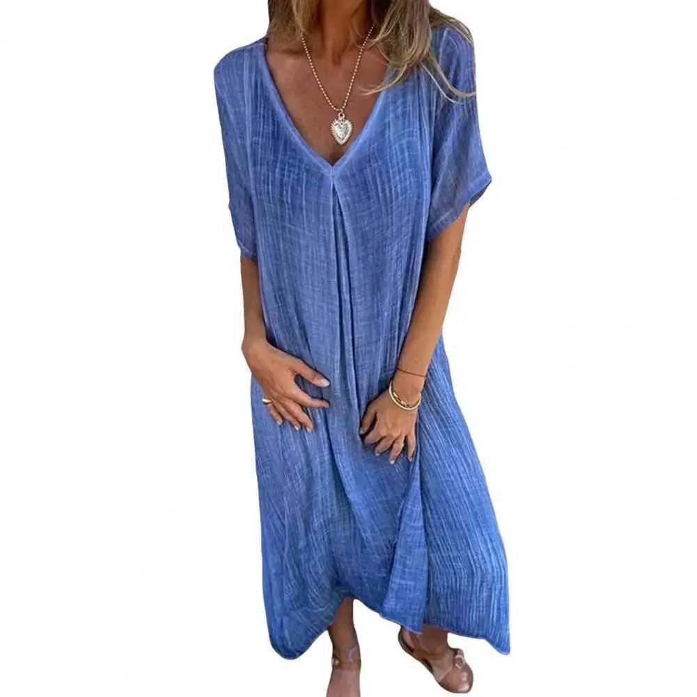 2024 Bohemian style cotton linen loose dress womens V-neck dress retro straight beach dress soft and breathable long dress W250430