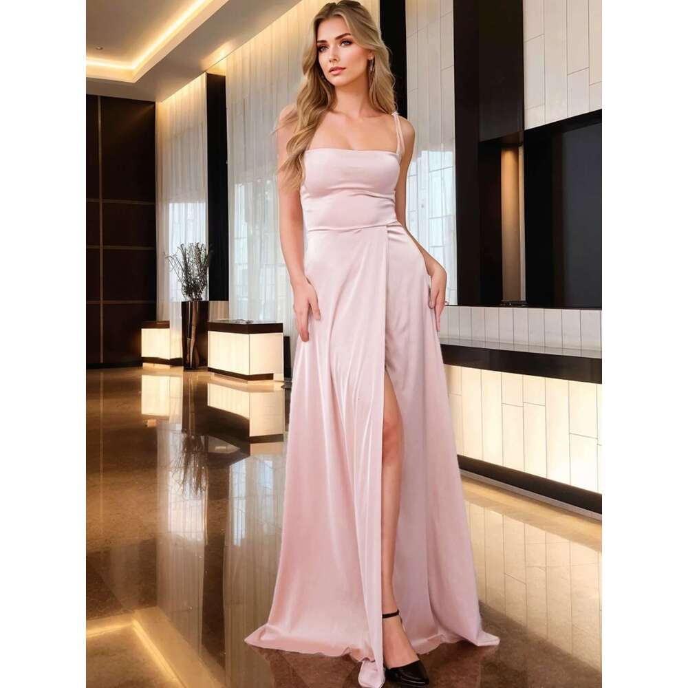 Romagic Sexy Mint Backless LaceUp Bridesmaid Dress Evening Gown Satin Slip Slit Leg Square Neck Wedding Party Long Dresses