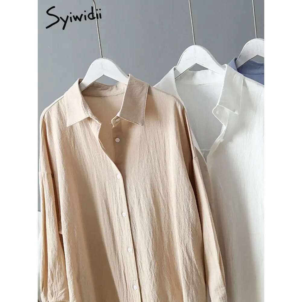 Syiwidii Long White Shirt Dress for Women Cotton Spring Fall Casual Korean Clothing Vintage Oversized Midi Robe Loose Cardigans