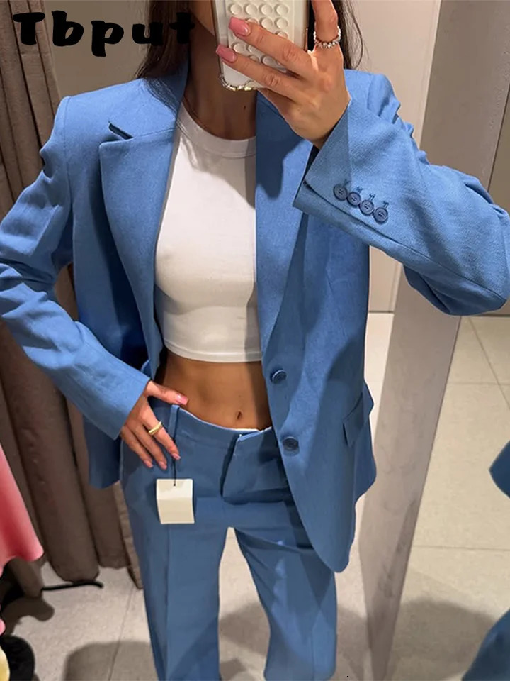 Elegant Blue Womens Sports Jacket Set Solid Collar Button Pocket Coat Wide Zipper Pants SpringSummer Urban Clothing 250530