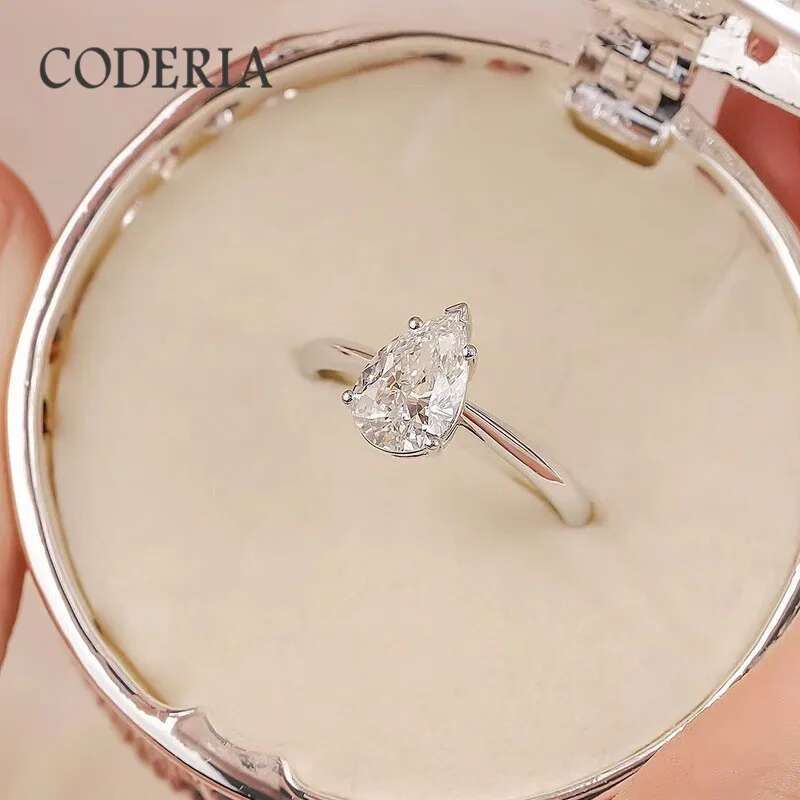 2.0CT Pear Cut Crown Water Drop Moissanite Ring Silver S925 Plated 18K White Gold Wedding Rings Womens Luxury Diamond Jewelry