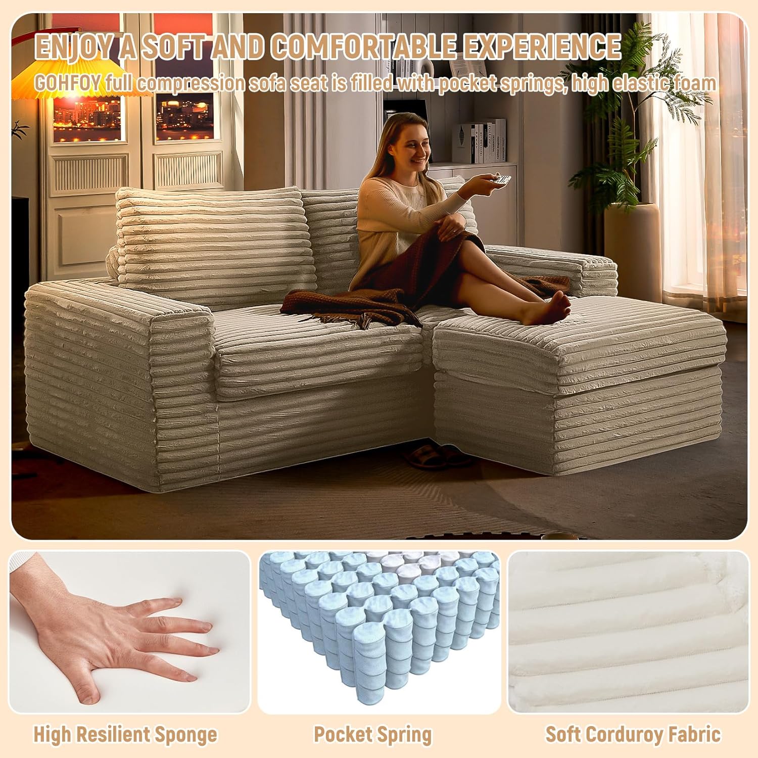 92'' Cloud Couch, Modular Sectional Sofa with Ottoman, Modern Convertible L Shaped Couches Upholstered Corduroy Boneless Couches for Living 
