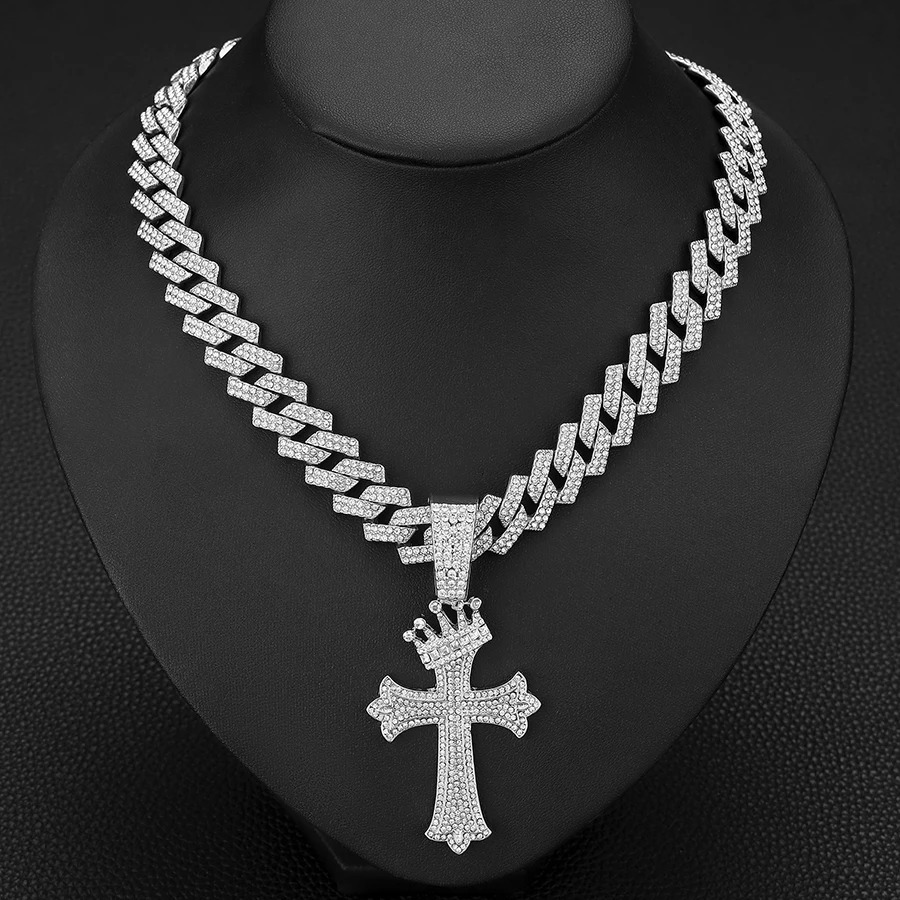 Iced Out Big Cuban Chain With Hip Hop Alloy And Full Bling Rhinestone Crown Cross Pendant Choker Necklace 250428