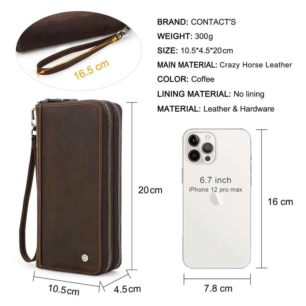 Contact's Genuine Leather Men's Wallet Clutch Bag Card Holder Long Wallets Double Zipper Large Capacity Vintage Male Purses