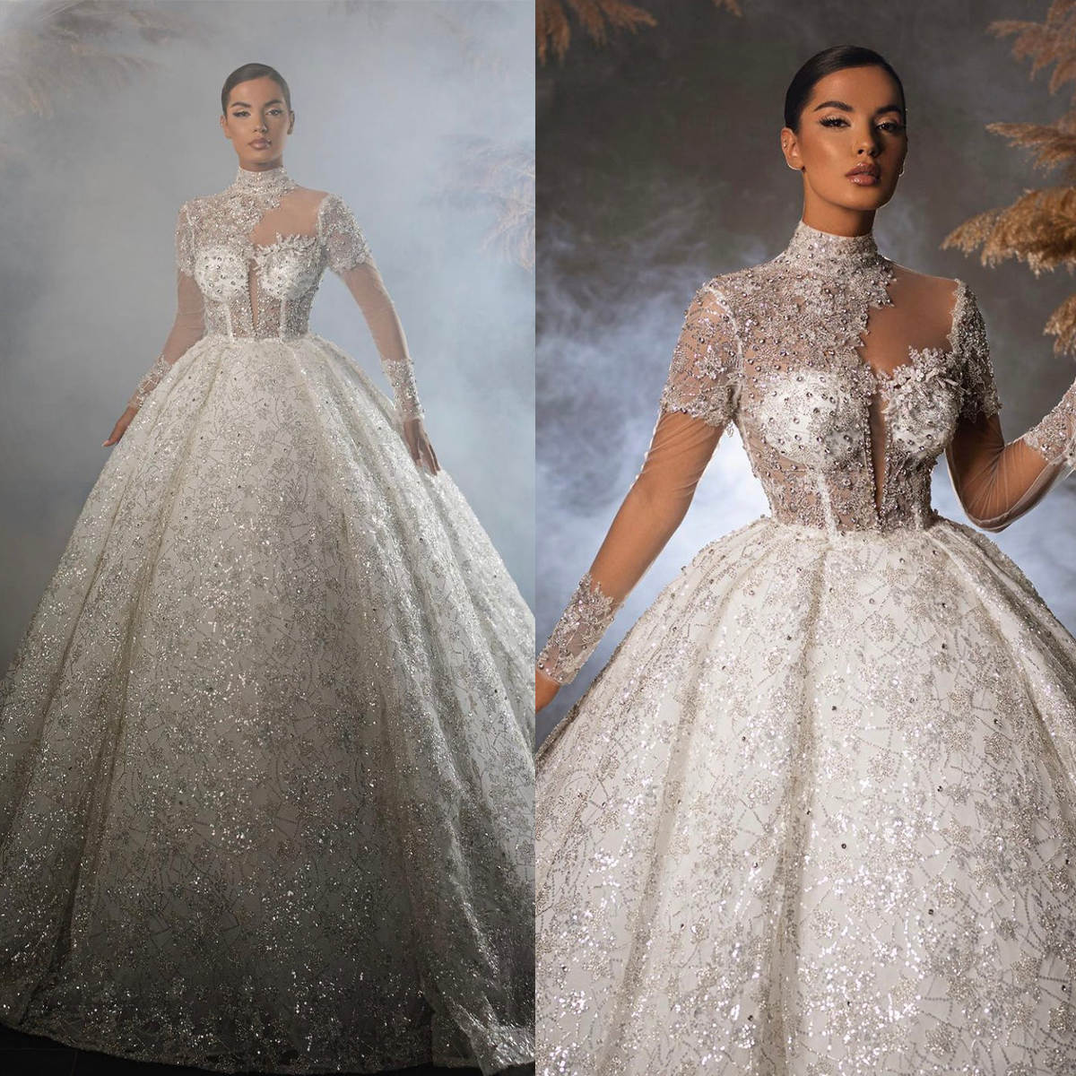 Exquisite Ball Gown Wedding Dress High Collar Long Sleeves Bridal Gowns Crystal Appliques Sweep Train Dresses Custom Made vestidos de novia