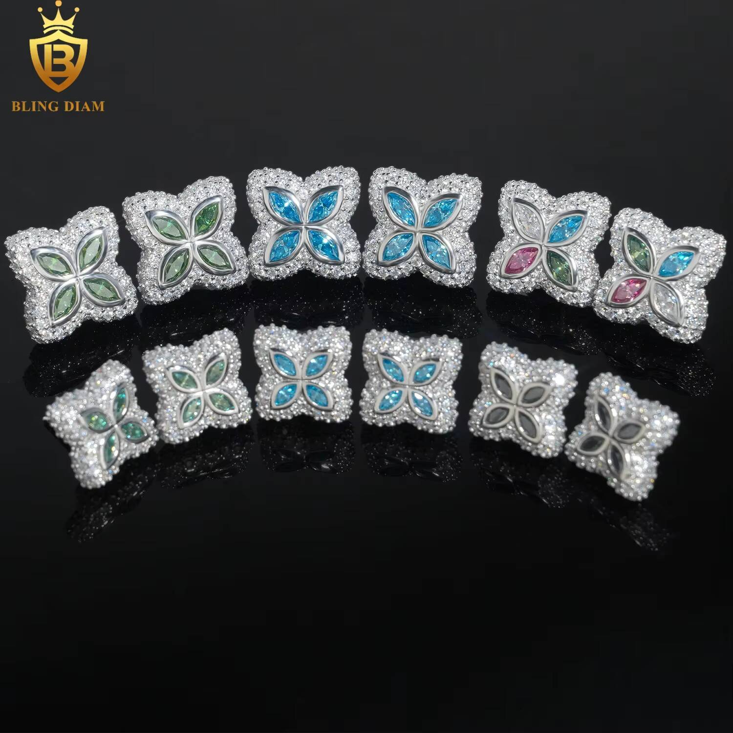 Fine Jewelry 925 Sterling Silver Vvs1 Moissanite Clover Stud Earrings Fashion Colorful Stone Marquise Cut