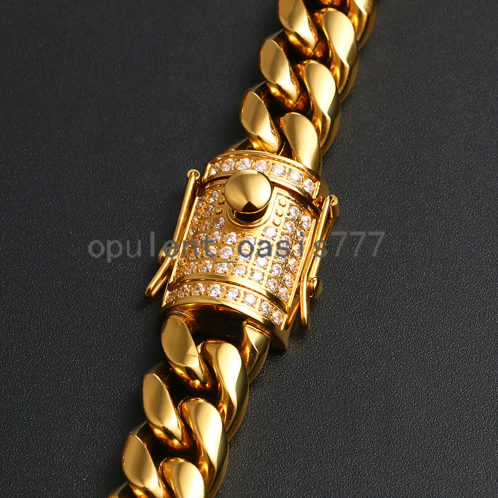 Hip Hop Jewelry Waterproof 12mm PVD Plated Gold Color Stainless Steel moissanite Iced Out Cuban Bracelet for Men