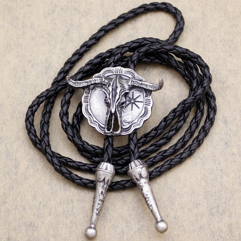 Arrial Western Southwest Longhorn Steer Cow Skull Shield Leather Rodeo Bola Bolo Neck Tie Top Fashion Shirt Accessories Tie 250430