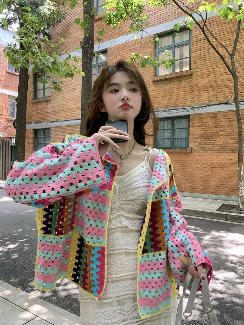 SALIENCY Colorful Crochet Knit Hollow Cardigan Sweater Jacket Women Spring Top Loose Short Knitwear fashion clothing women