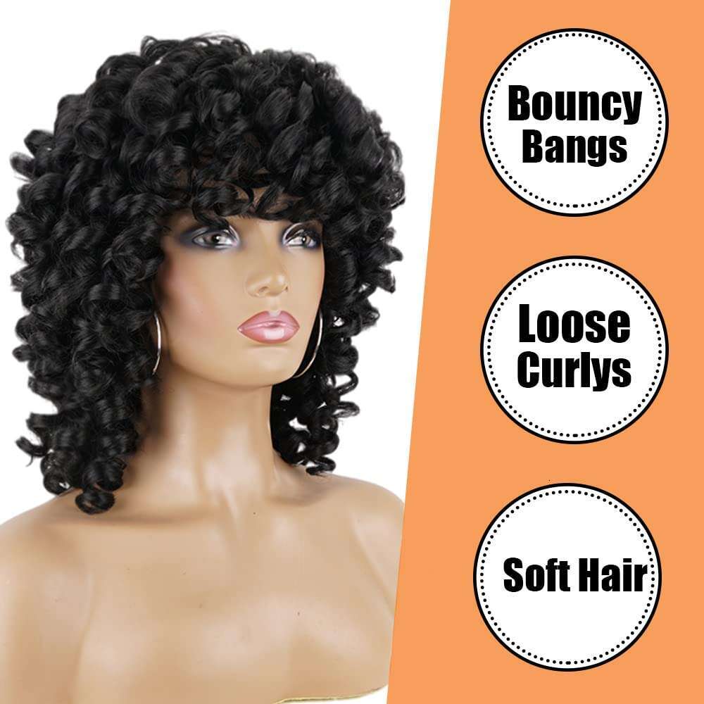 PHOENIXFLY Black Short Wigs for Women Curly Synthetic Heat Resistant Hair Replacement with Wig Caps (Black)