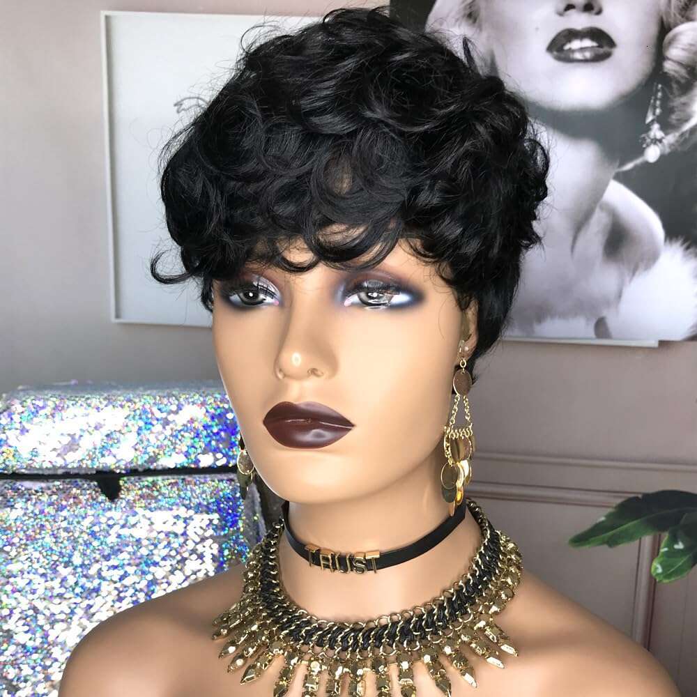 HOTKIS for Black Women Human Hair Pixie Cut Glueless Wig Short Wigs Natural Curly