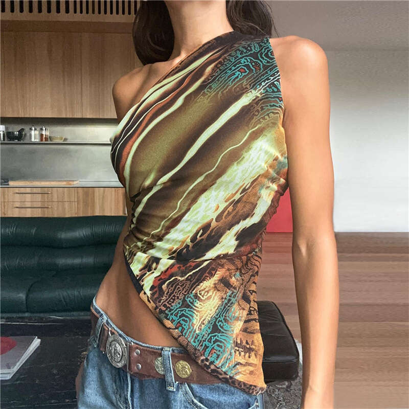 European American style summer women's fashion printed single shoulder sleeves, slanted hem, slim fit base vest, 2025 new style, chic and elegant