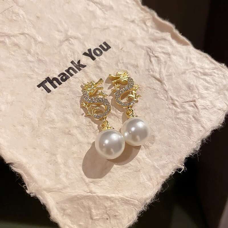 Rhinestone Chinese Earrings For Women Temperament Pearl Drop Earring 2024 Festive New Year Dragon Jewelry