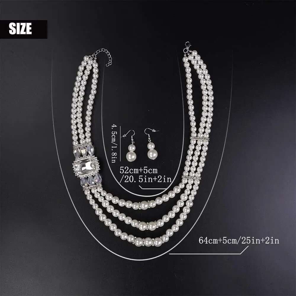 Bridal Jewelry Set Trendy Fashion 3-Layer Imitation Pearl Crystal Rhinestone Necklace And Earrings Women's Party Accessories