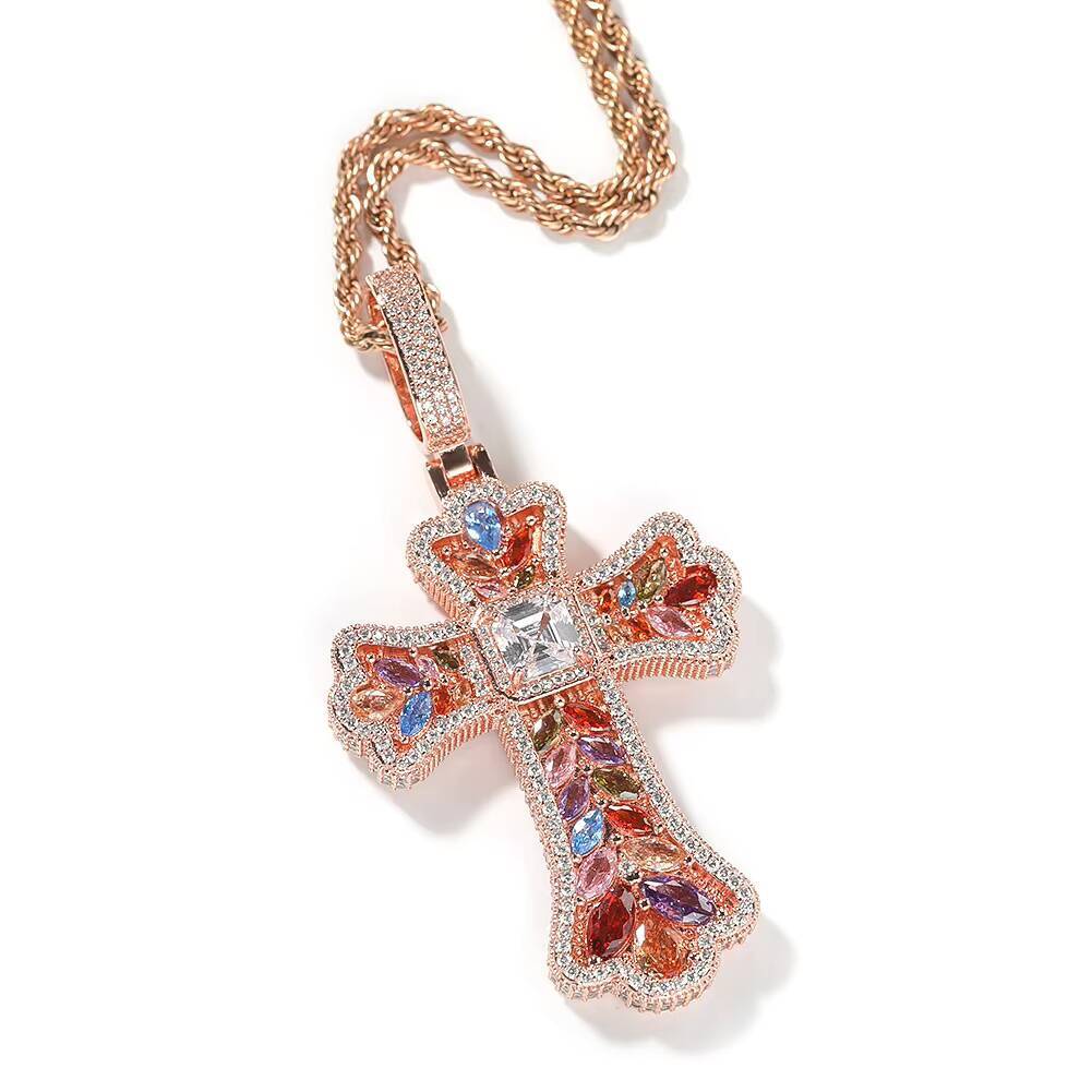 Luxury Unisex 18K Gold Plated Brass Hip Hop Jewelry Full Zircon Colorful Sparkling Wheat Cross Pendant for Party or Gift
