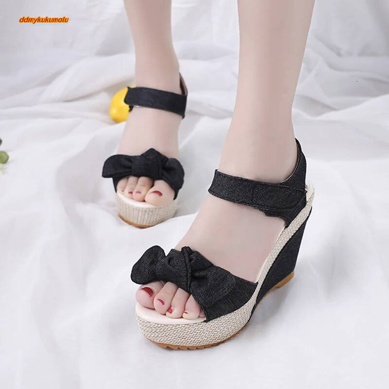 Brand New Ladies Platform Denim Fashion Bow Mixed Colors Wedges High Heels Women's Sandals Casual Party Woman Shoes ddmykukumalu