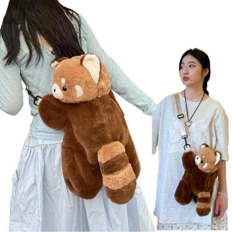 Red Panda Plush Backpack Cute Plushie Doll Women Crossbody Fur Soft Shoulder Bag For Camping Travel Party Female Birthday Gift
