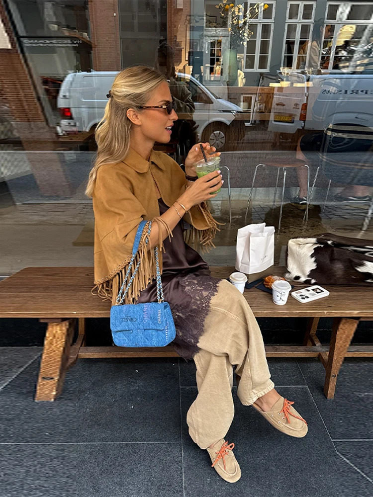 Autumn Brown Tassel Suede Cape Jackets Fashion Lapel Patchwork Loose Short Coat Chic 2025 Lady High Street Outerwears 251129