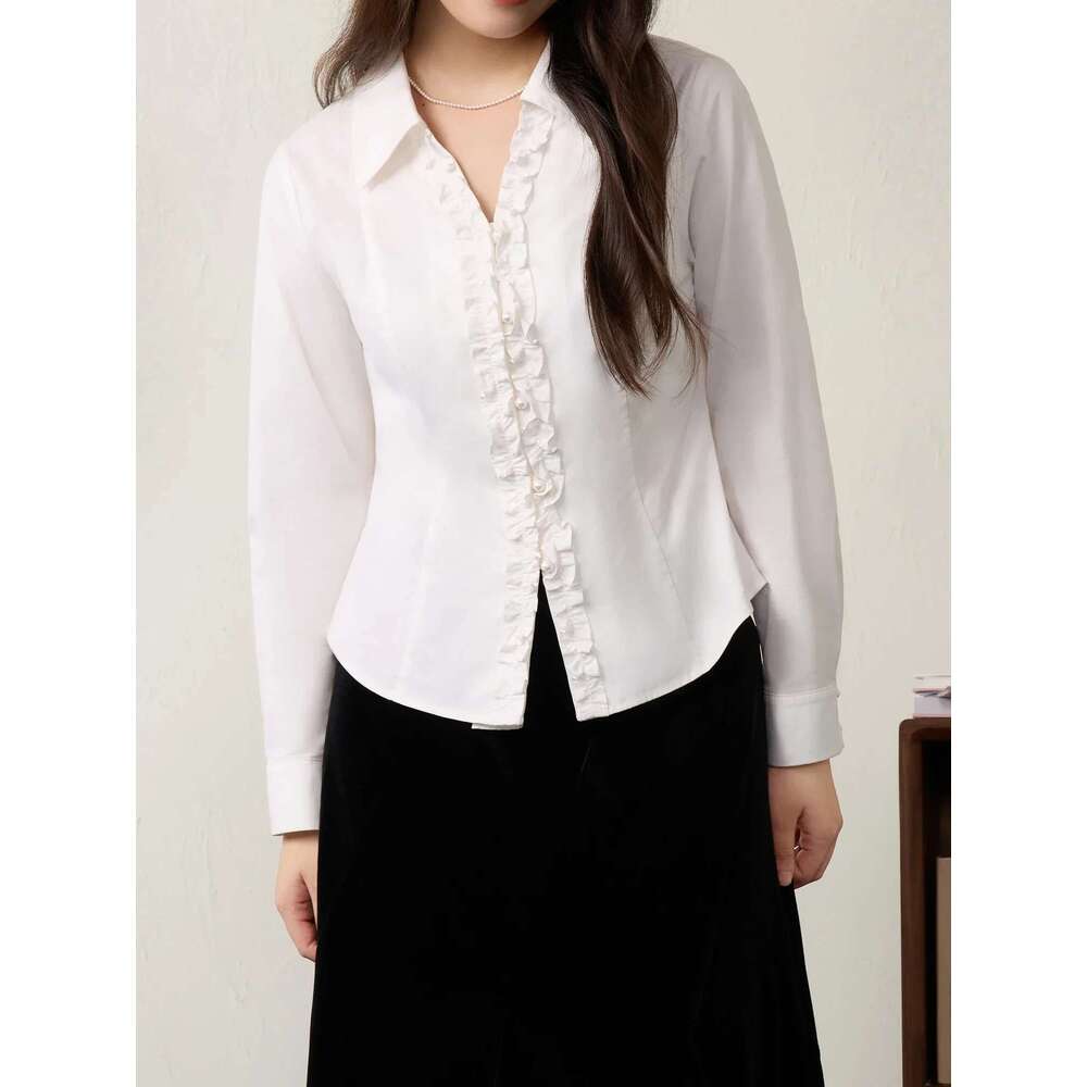 DUSHU Plus Size Women's Unique Design V Neck 2025 Spring New Commuting Casual V-Neck White Chic Shirt For Women 25Ds81055