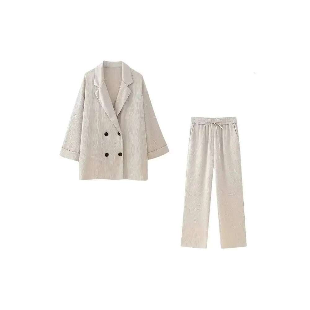 Trza-Women's Double-Breasted Loose Blazer Coat And High Elastic Waist Wide Leg Pants, Female Two Piece Sets, Fashion