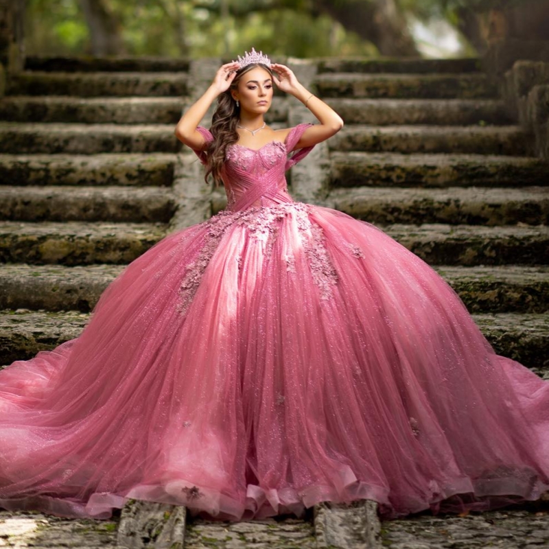Rose Red Quinceanera Dresses Off Shoulder Ball Gown Sweet 16 Dress Applique Flower Beads Tull Birthday Party Vestidos 15 Anos