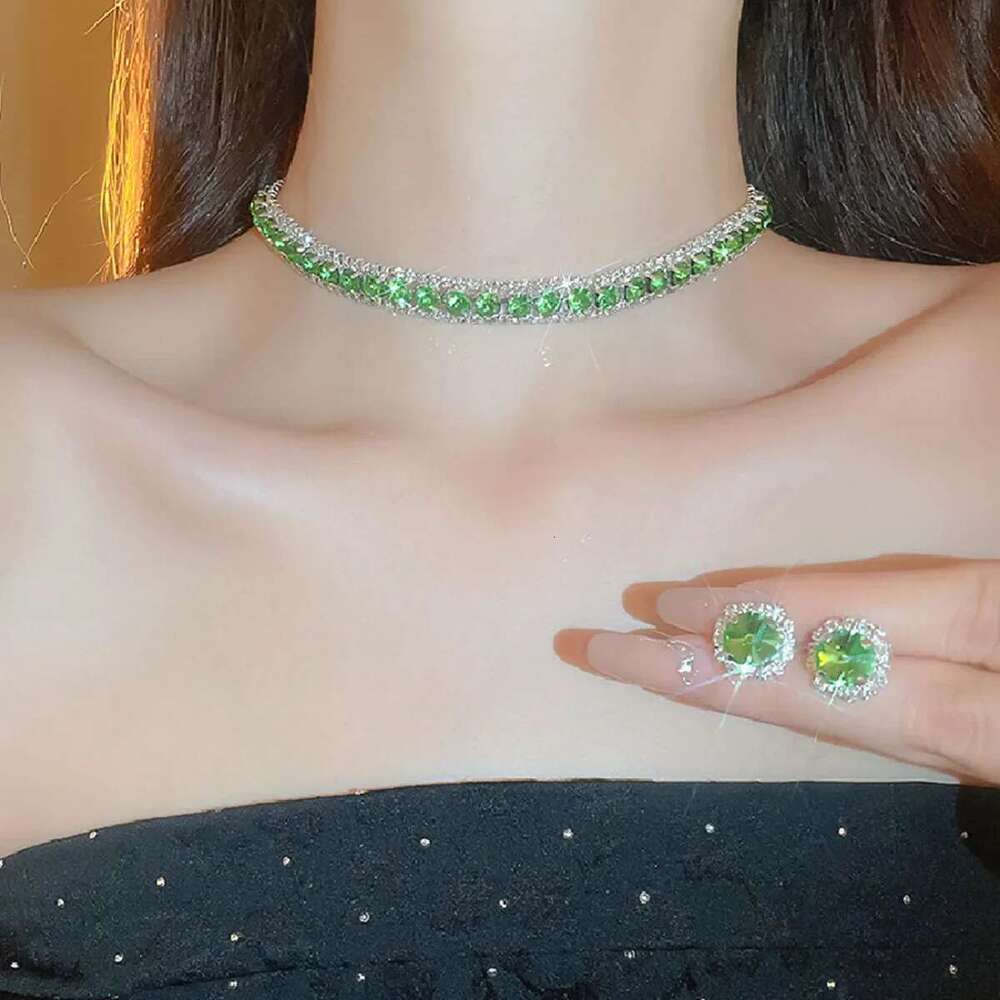 FYUAN Crystal Earrings Green Rose Pink Blue Necklace For Women Weddings Party Jewelry Sets Accessories