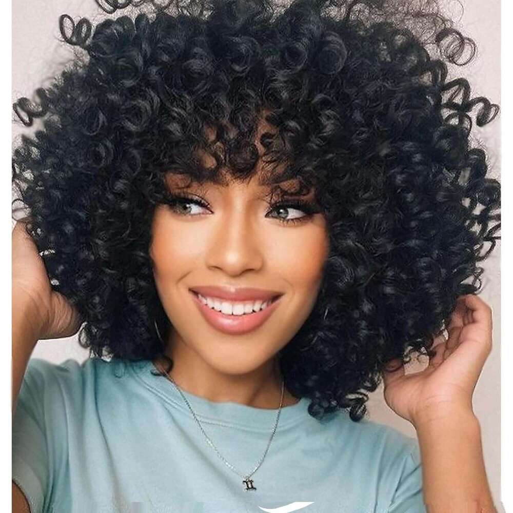 PHOENIXFLY Black Short Wigs for Women Curly Synthetic Heat Resistant Hair Replacement with Wig Caps (Black)
