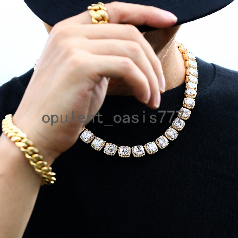Wholesale Hip Hop Jewelry 11mm Gold Plated Brass Cushion Cut moissanite Diamond Iced Out Tennis Chain Men Necklace