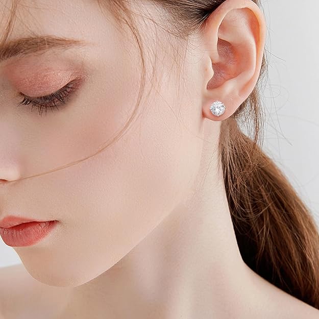Moissanite Stud Earrings, Round Cut D Color VVS1 Clarity Lab Created Moissanite Earrings Studs 18K White Gold Plated 925 Sterling Silver Jewelry for W