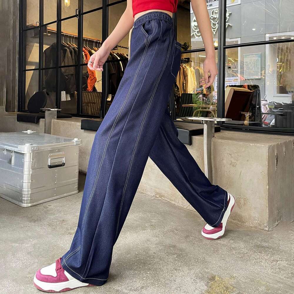2025 New Spring Summer Ice Silk Women's Wide Leg Full Pants High Waist Lace-up Female Elegant Straight Loose Trousers