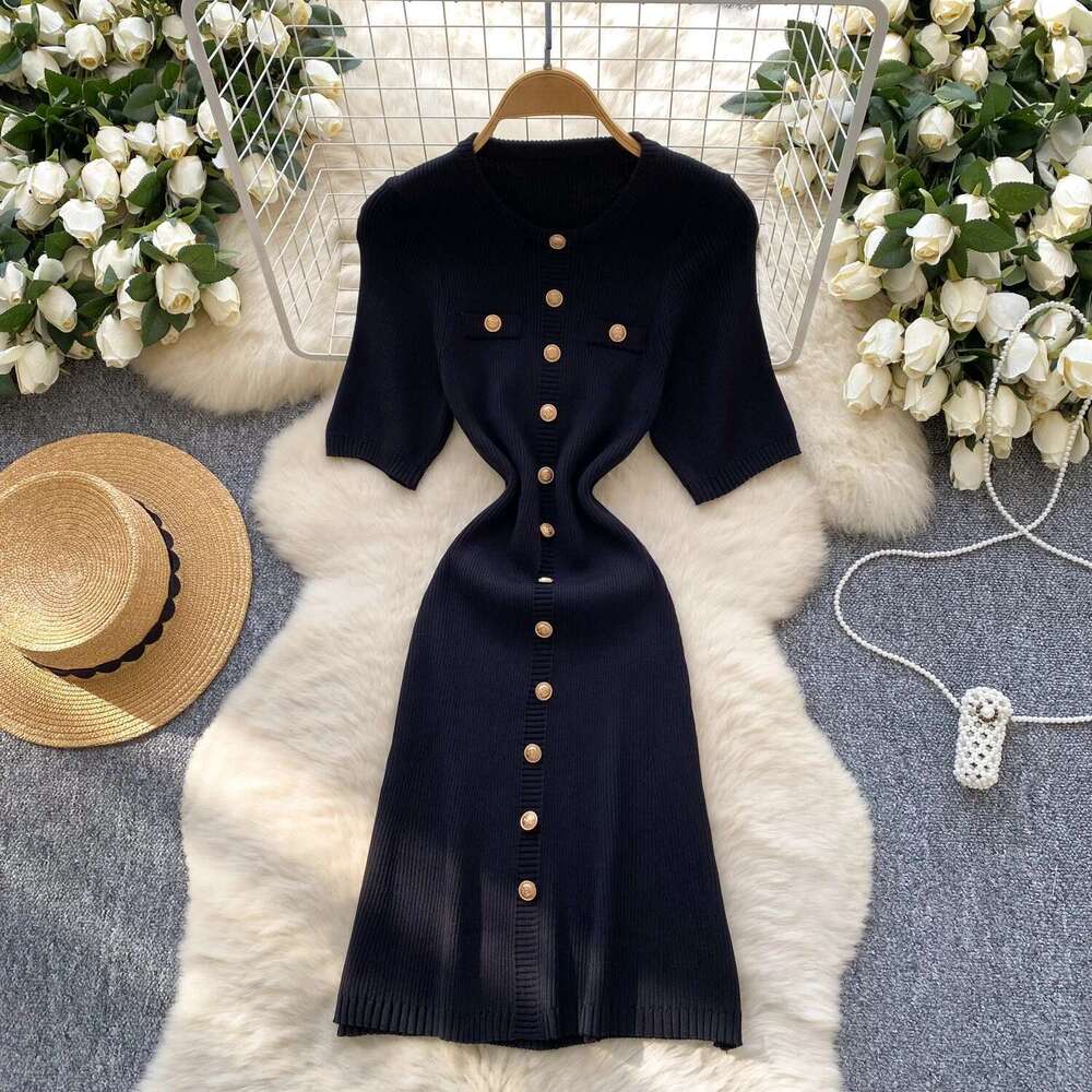 REALEFT Elegant Short Sleeve Knitted Dress For Women 2025 New Spring Summer Fashion Round Neck Buttons Casual Women's Dresses