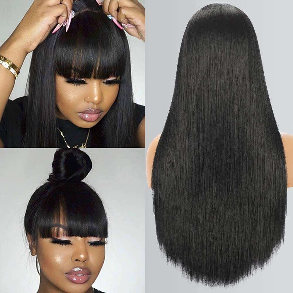 Long Straight with Bangs Natural Black for Women Fashion Silky Soft Smooth Remy Hair Heat Resistant Fiber Synthetic Wigs hine Made Glueless Full 24 In
